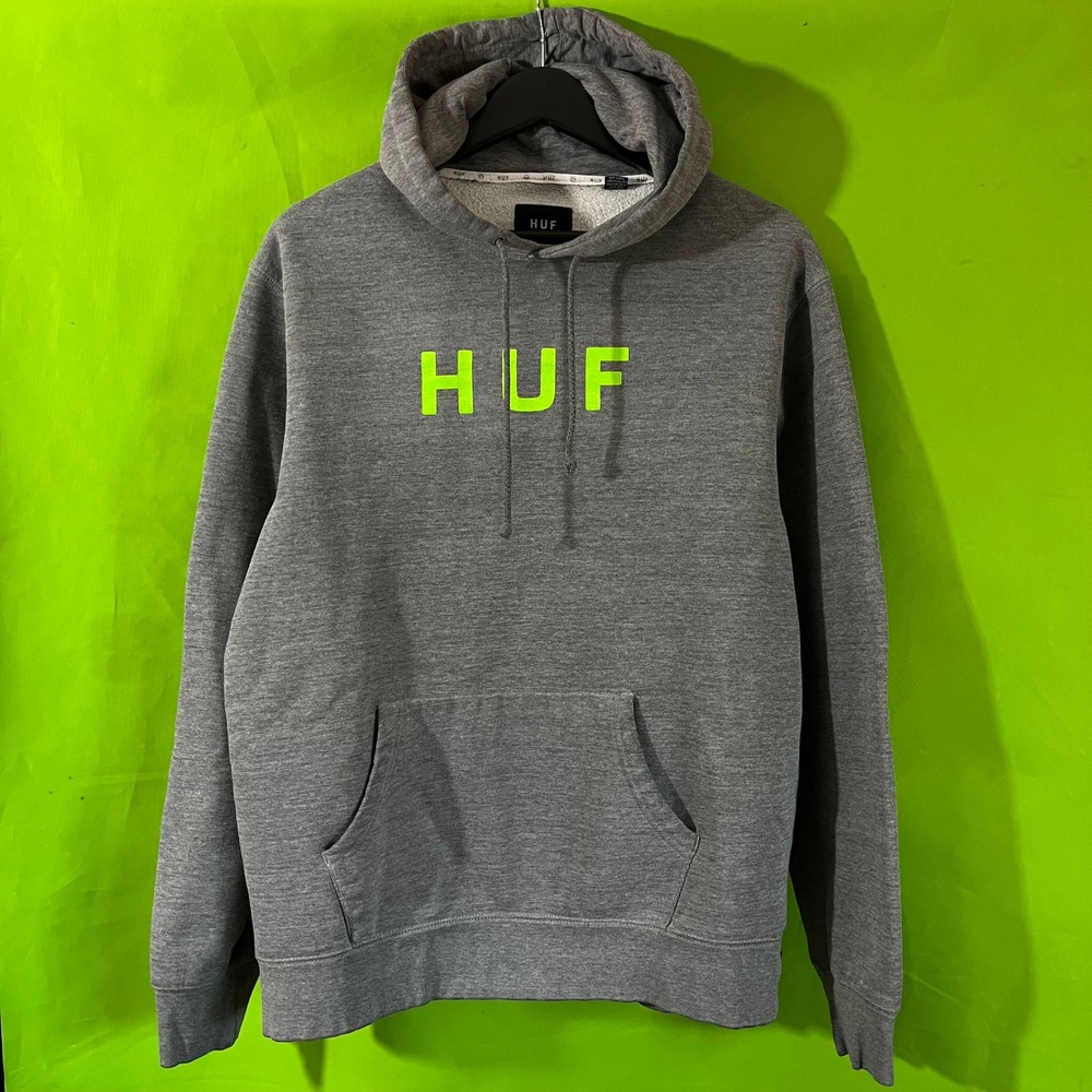 HUF‎ Mens Pullover Hoodie Grey Neon Green Logo Fleece Sweatshirt Size Large